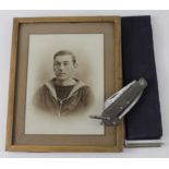 WW2 RN seaman’s pocket knife with seaman’s belt and framed photo .