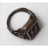 German SS Ring, a mans finger ring, black enamel highlights SS Runes, 835 silver stamped