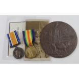 BWM & Victory medals with memorial plaque, portrait photo and memorial card to 78182 Pte l G A