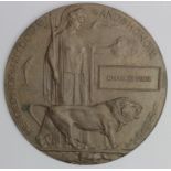 Death Plaque to L/10576 Pte Charles Hide 11th Bn Royal Sussex Regt. Died at Home 26th March 1917.