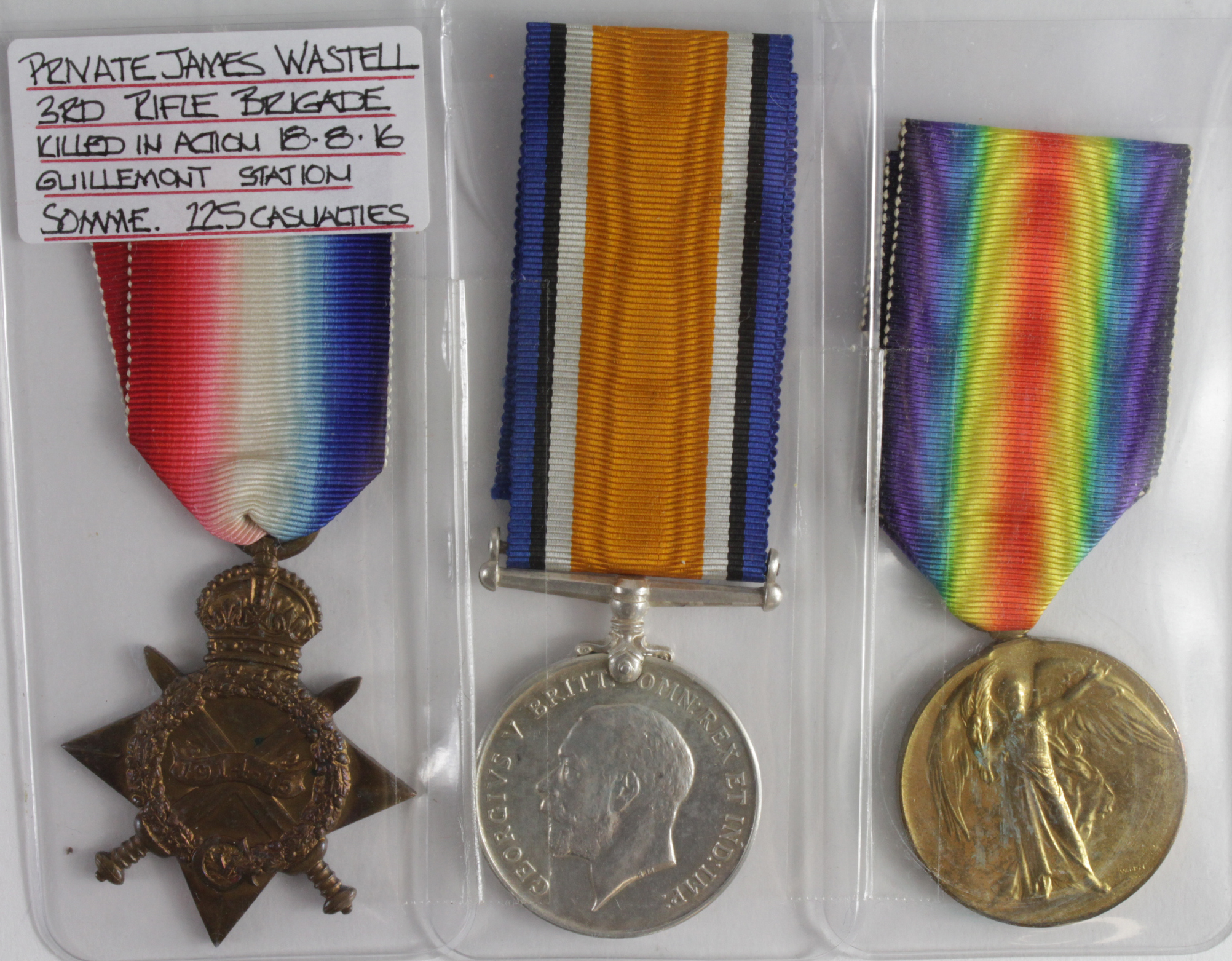 1915 Star Trio to S-10320 L/Cpl J F Wastell Rifle Brigade. KIA 18/8/1916 with the 3rd Bn. Born