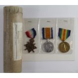 1915 Star Trio and Casualty Scroll in tube for 17273 L/Cpl C Agass Essex Regt. KIA 28/3/1918 with