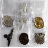 German Nazi badges - Black / Silver maker marked '107' / Gold Wounds Badges, plus various Cap