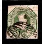 GB 1847 Embossed 1s green stamp, SG.55, cut square, defect at base.