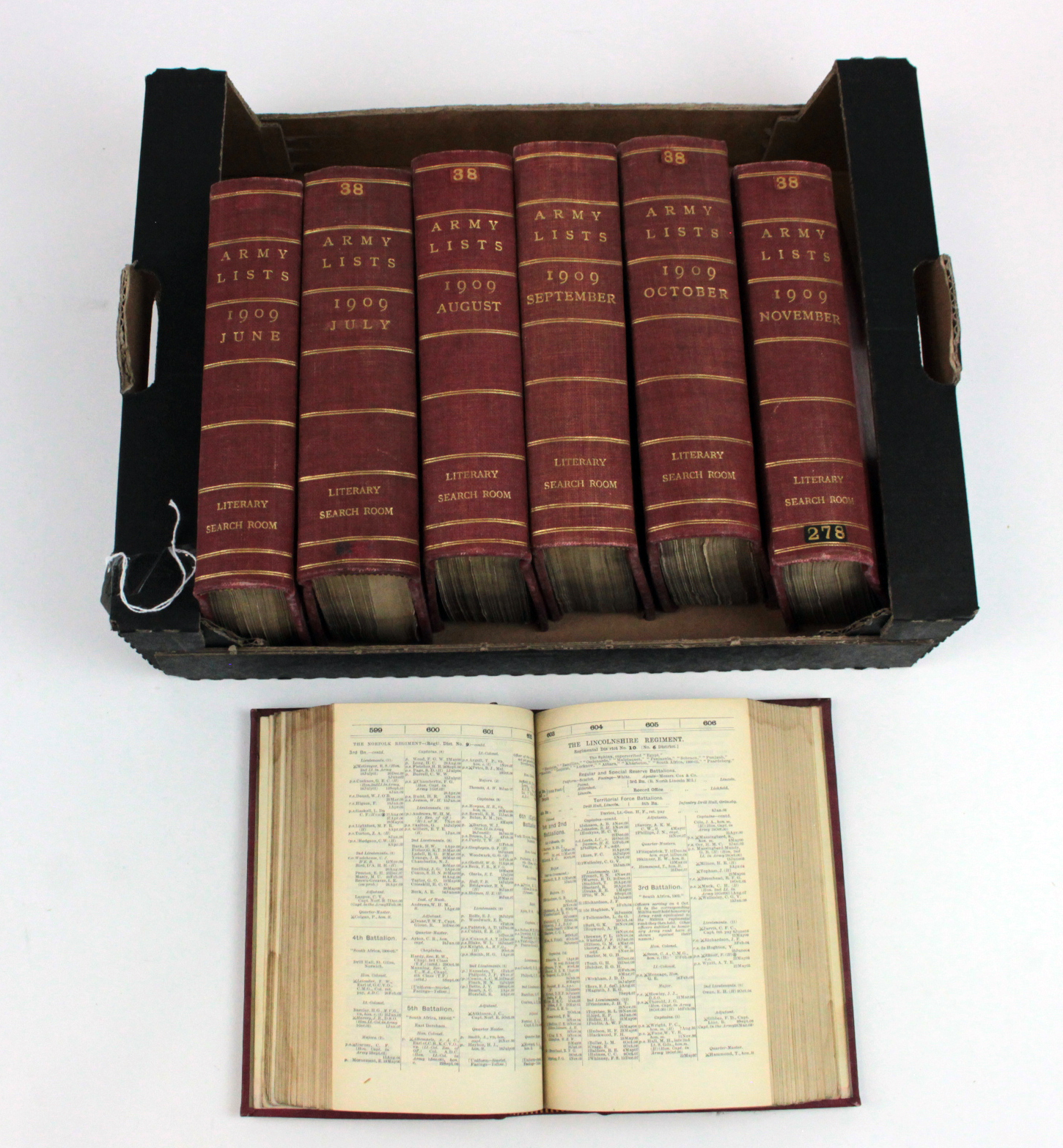 Army Lists: A complete run of 7x monthly lists from June to December 1909. The spines are marked