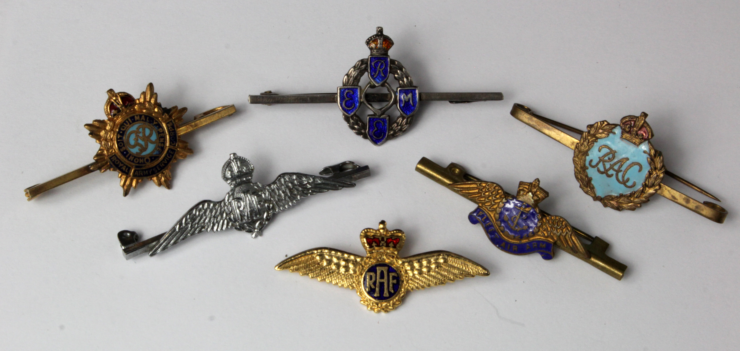 Sweetheart badges - RAC, REME, RASC, RAF x2, Fleet Air Arm. (6)