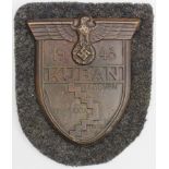 German Nazi Kuban 1943 shield with cloth/paper backing