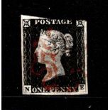 GB 1840 1d Penny Black (N-E) identified as likely Plate 2, 3.5 margin but design cut into at top-