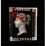 GB 1840 1d Penny Black (A-E) identified as likely Plate 8, 2 margins, no tears thins or creases,