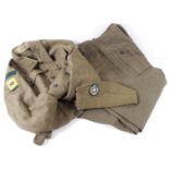 WW2 rifle brigade 1940 pattern battle dress blouse and trousers with side hat with correct cloth