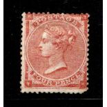GB 1863 4d bright red hair lines stamp, SG.81, unused no gum, blunt corner.