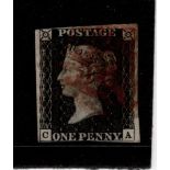 GB 1840 1d Penny Black (C-A) identified as likely Plate 6, 3 margins, no tears thins or creases, red