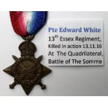 1915 Star to 9519 Pte E J White Essex Regt. KIA 13/11/1916 with the 13th Bn. Born Hackney. On the