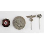 German Nazi SA Day Badge, SS Lapel Badge, SS + SA Stick Pins. (4)