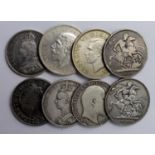 GB Crowns etc (8): 1822 Tertio VG, 1891 VG, 1896 LIX Fine, 1902 VG, 1935 EF, 1937 EF, 2001 (cupro-