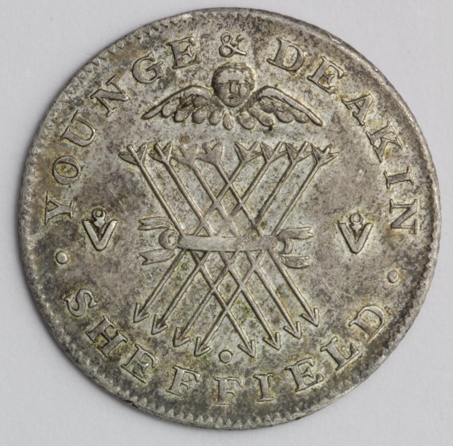 Token, 19thC : Sheffield silver sixpence of Young & Deakin 1811, patchy toned VF - Image 2 of 2
