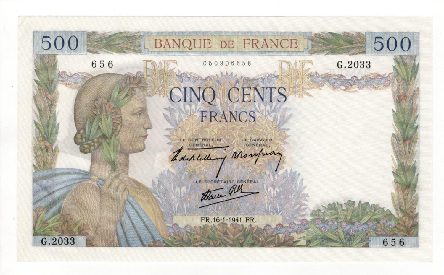 France 500 Francs dated 16th January 1941, serial G.2033 656, (Pick95a), small corner dents, crisp