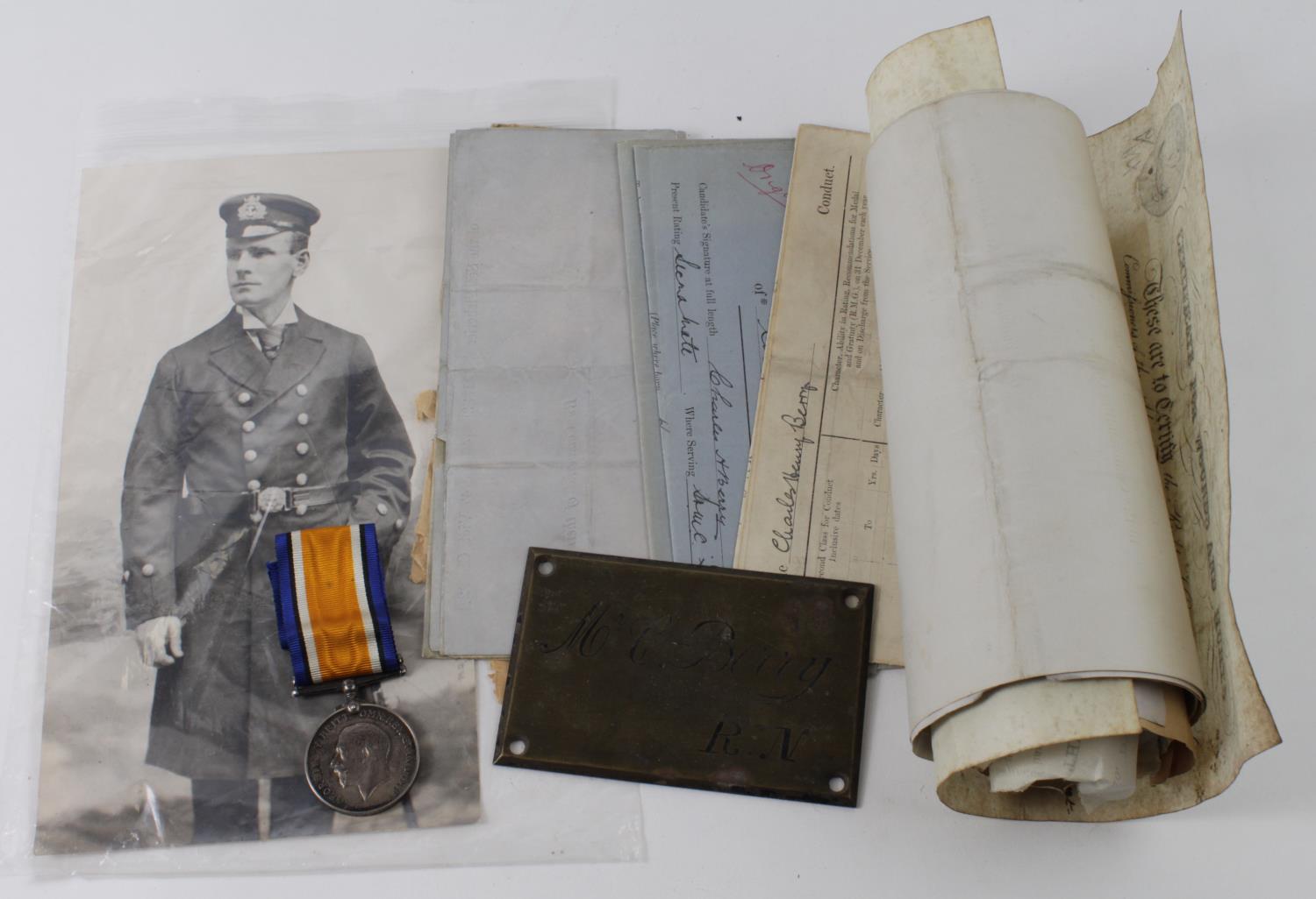 Victorian Naval officers sword with WW1 BWM and a good selection of service documents including - Image 2 of 2