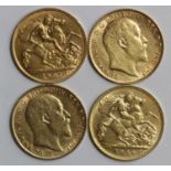 Half Sovereigns (4) Edward VII : 1906 VF, 1907 VF, 1909 VF edge nick, and 1910 cleaned VF