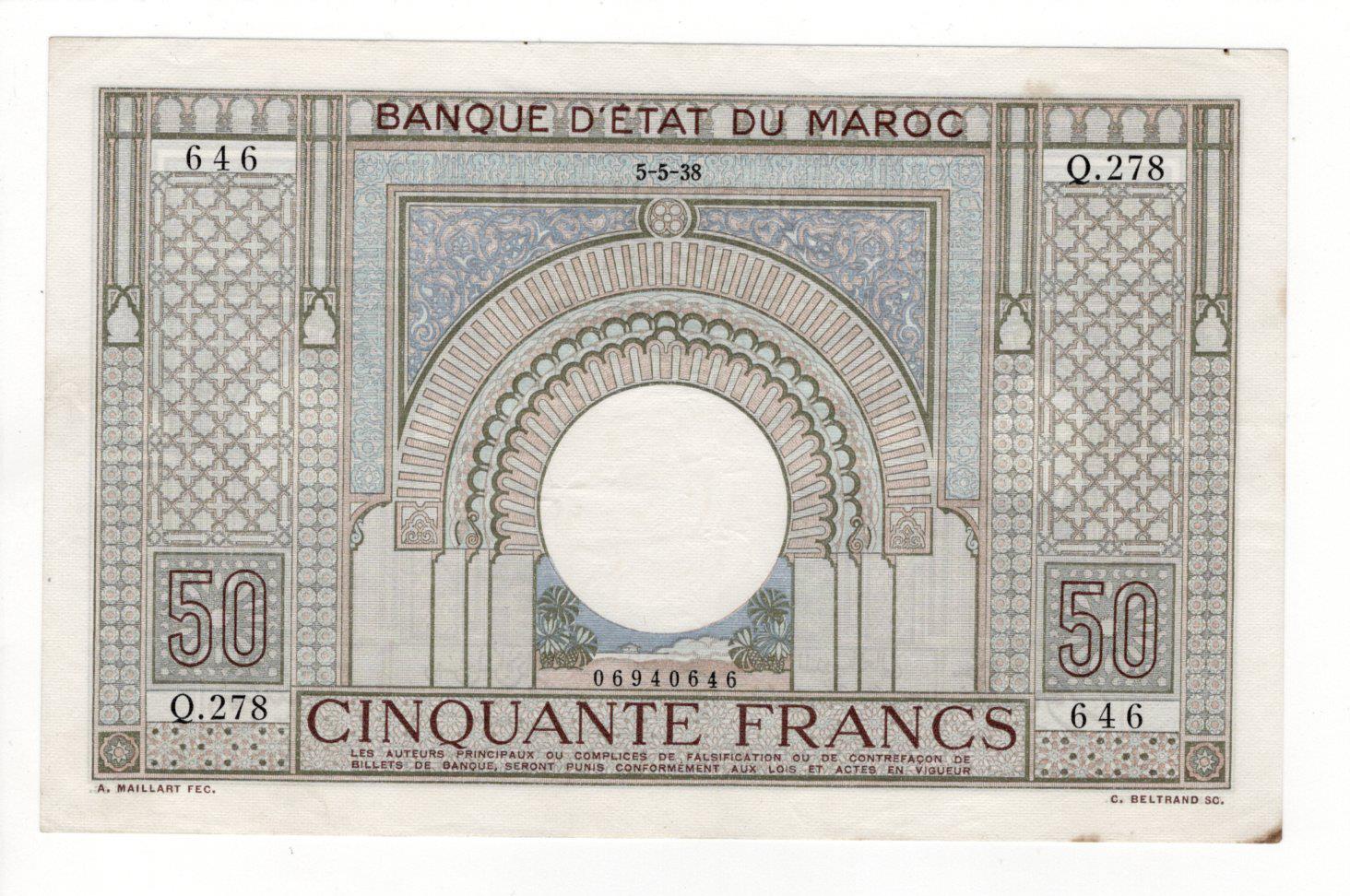 Morocco 50 Francs dated 5th May 1938, ornate Arabesque pattern, serial Q.278 646, (TBB B212b,