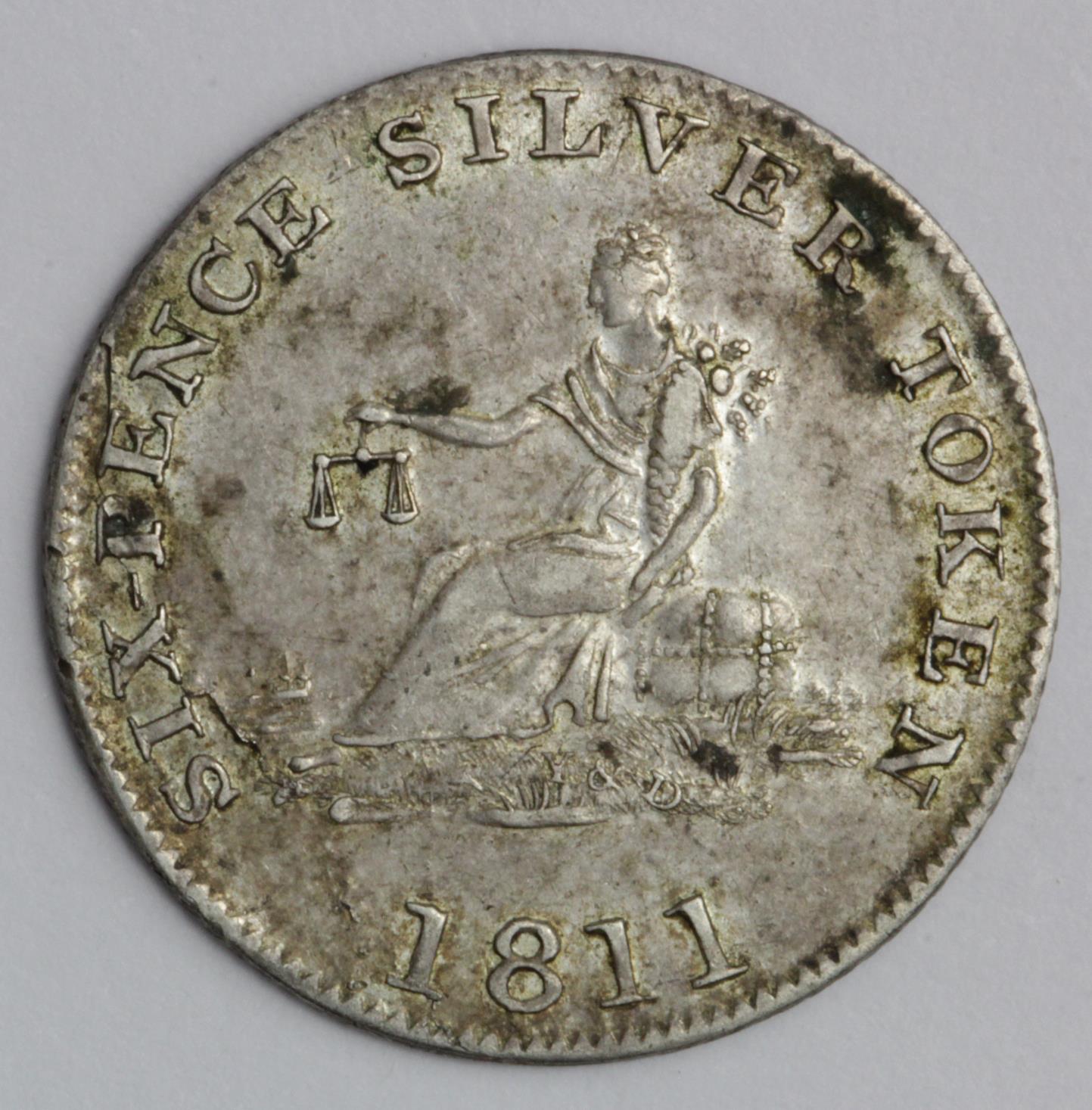 Token, 19thC : Sheffield silver sixpence of Young & Deakin 1811, patchy toned VF