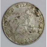 Token, 19thC : Sheffield silver sixpence of Young & Deakin 1811, patchy toned VF