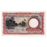 British West Africa 20 Shillings dated 1st March 1954, river scene at left and centre, serial D/N