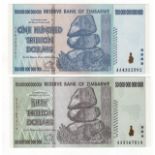 Zimbabwe (2), 100 Trillion Dollars & 50 Trillion Dollars dated 2008, the two highest denominations