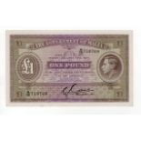 Malta 1 Pound issued 1940, portrait King George VI at right, serial A/15 710768, (TBB B119b,