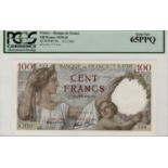 France 100 Francs dated 9th January 1941, serial K.17737 634, (Pick94), PCGS graded 65PPQ Gem New