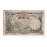 Belgian Congo 5 Francs dated 21st January 1929, without city office overprint, serial F782125, (