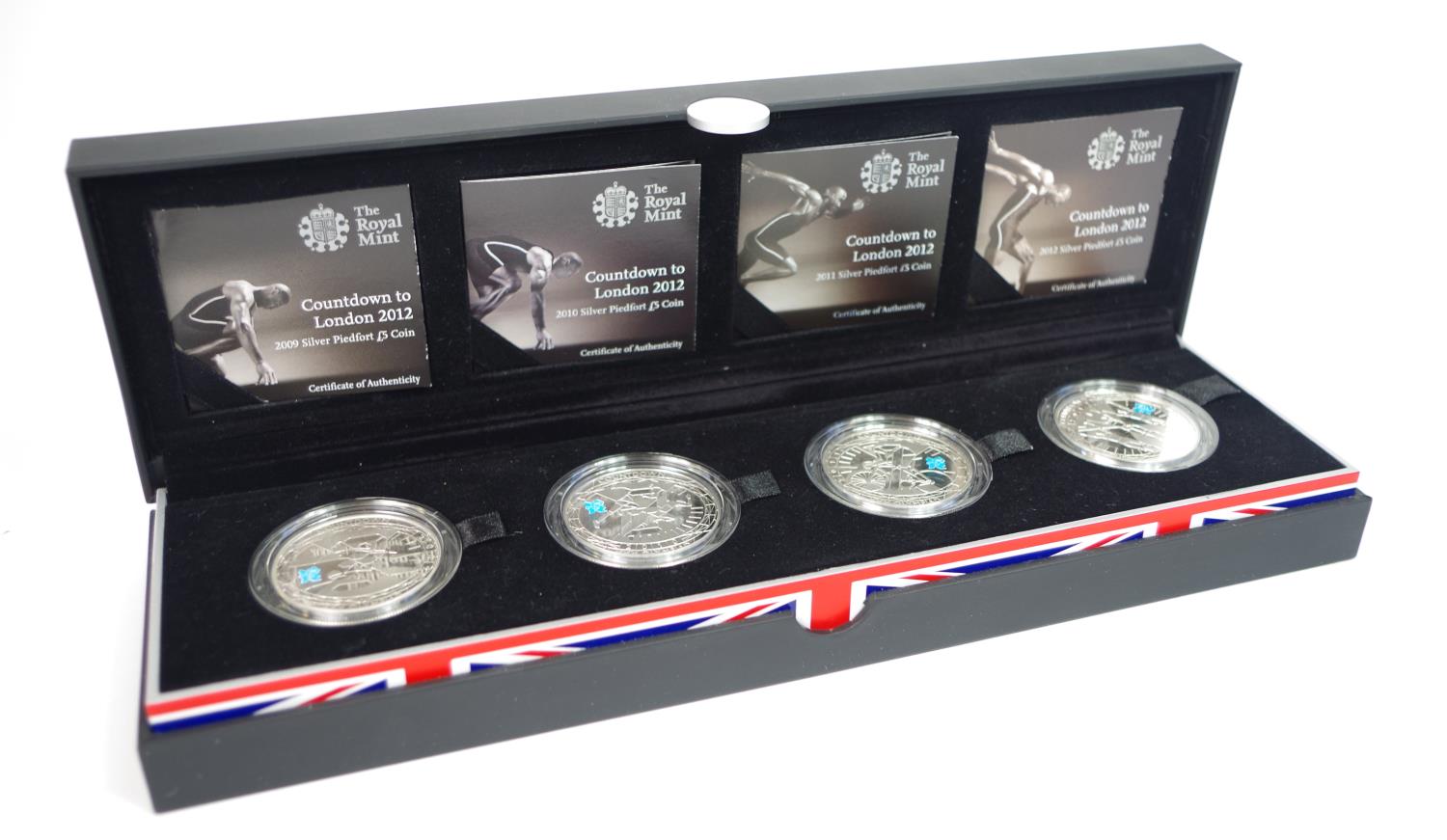 Five Pounds silver proof piedfort four coin set "Countdown to London" aFDC boxed as issued
