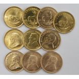 South Africa 10x 1/10th Krugerrands (altogether 1 full Kruger, 1 troy oz .999 gold) dated 1982 to