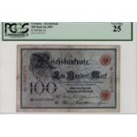 Germany Reichsbank 100 Mark dated 8th June 1907, very rare early date, serial 7386970A, (TBB B209d2,