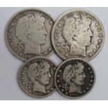 USA Silver (4): Half Dollar 1907D aVG, 1908 similar, and Quarters: 1916D VG and nF