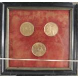 GB Pennies (3): Edward VII 1902 x2 and QV Veiled hd 1901, in a glazed frame, GEF with lustre.