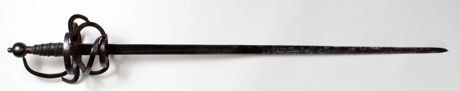 16th Century military Rapier sword with 35 inch long double side blade scroll hilt leather grip