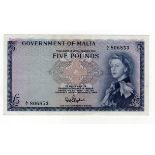 Malta 5 Pounds issued 1961, Queen Elizabeth II portrait at right, signed D.A. Shepherd, serial A/4