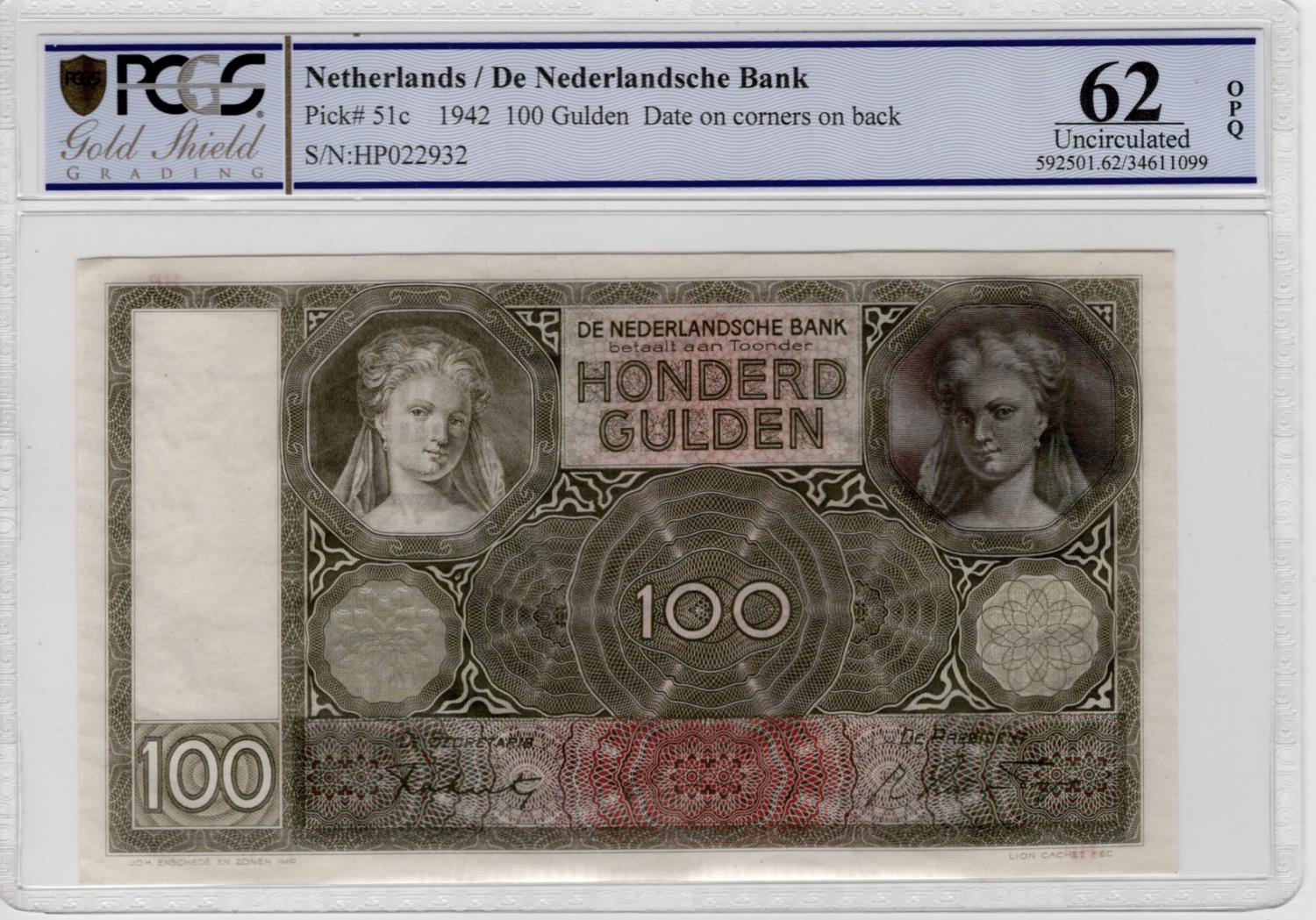 Netherlands 100 Gulden dated 6th October 1942, serial HP022932, (Pick51c), PCGS graded 62OPQ