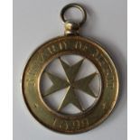 Masonic (prob.) unmarked silver-gilt St. Elmo Lodge, Reward of Merit, 1899 - G. Kimm, St. V. -