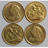 Half Sovereigns (4): 1898 Fine, edge nicks, 1900 GF, 1901 Fine, and 1902 F-GF