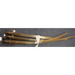 Indian Swords Tulwars: All steel contoured grips, disc pommels with spikes. Unfullered blades,