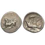 Ancient Greek silver hemidrachm of Sikyon, Peloponnesos, obverse:- Chimaera standing on