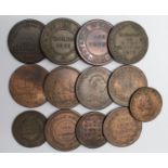 Tokens, 19thC (13) copper, mostly Pennies, Fair to VF