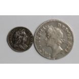 Maundy Oddments (2): Penny 1718 VF, and Fourpence 1687/6 nVF ex-mount below bust.