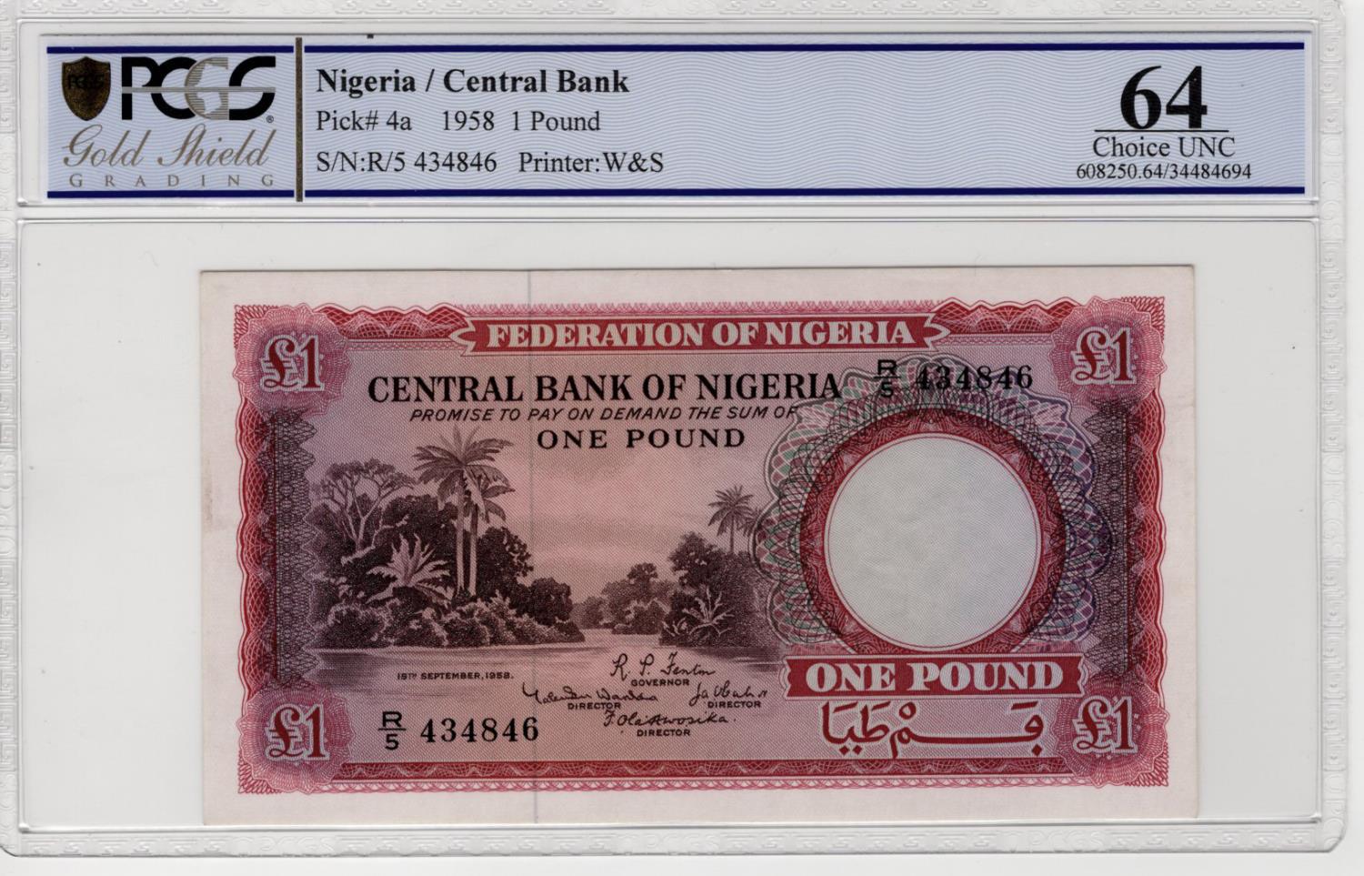 Nigeria 1 Pound dated 19th September 1958, serial R/5 434846, (TBB B203a, Pick4a), PCGS graded 64