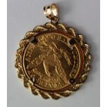 USA $5 1882 GVF with a small scratch obverse and housed in a gold ornate pendant mount.
