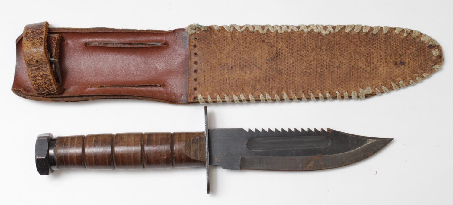 American fighting knife in home made "red indian" style scabbard
