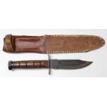 American fighting knife in home made "red indian" style scabbard