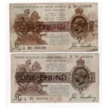 Bradbury 1 Pound (2) issued 1917, one First Series serial A/91 976320, edge tears and nicks, dirty